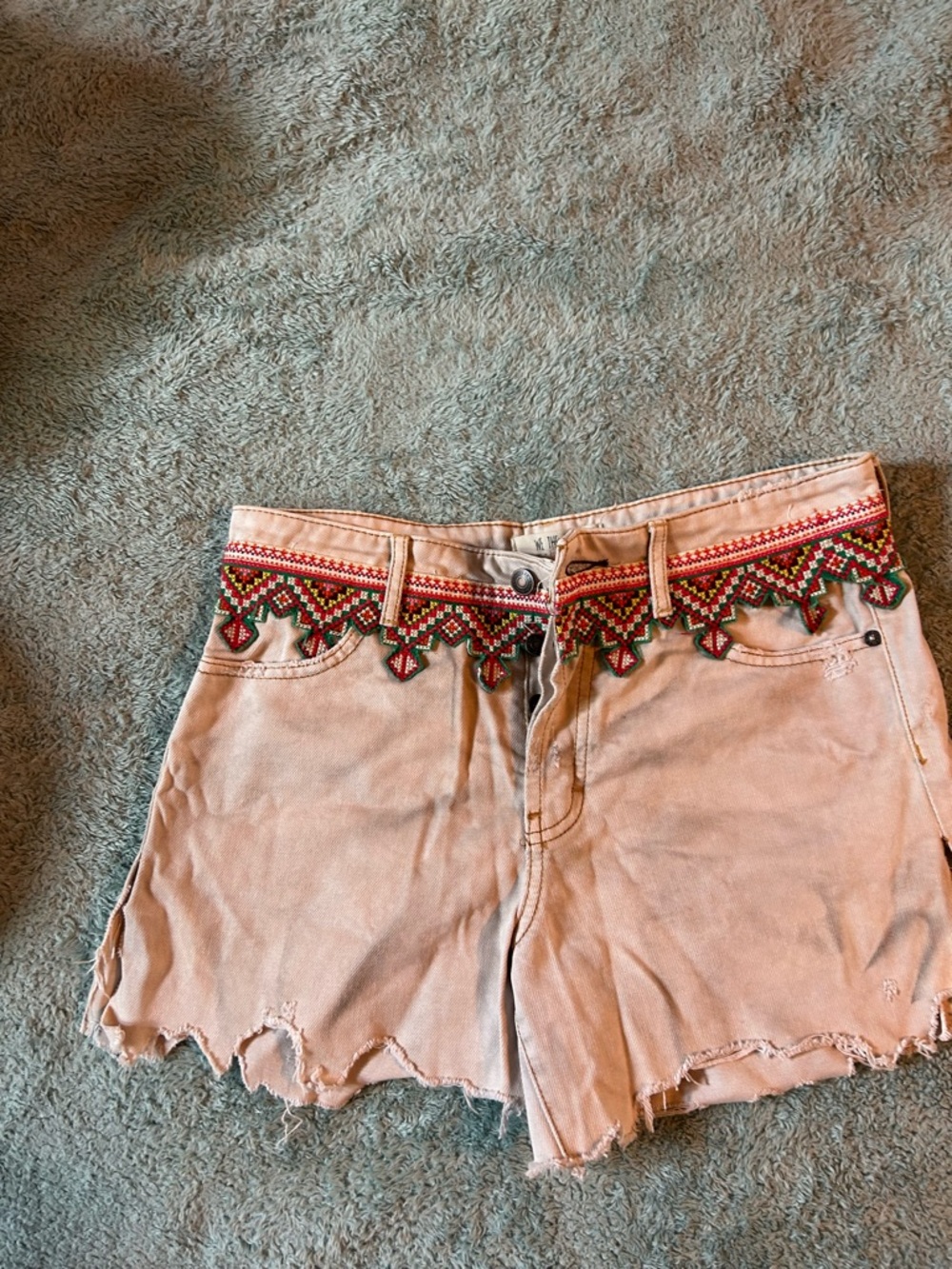 We The Free Beige Denim Shorts with Multicolor Embroidered Waist